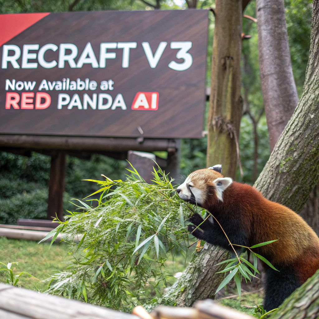 AI generated image by Red Panda AI: a red panda eating a bamboo in front of a poster that says "recraft V3 now available at red panda ai
