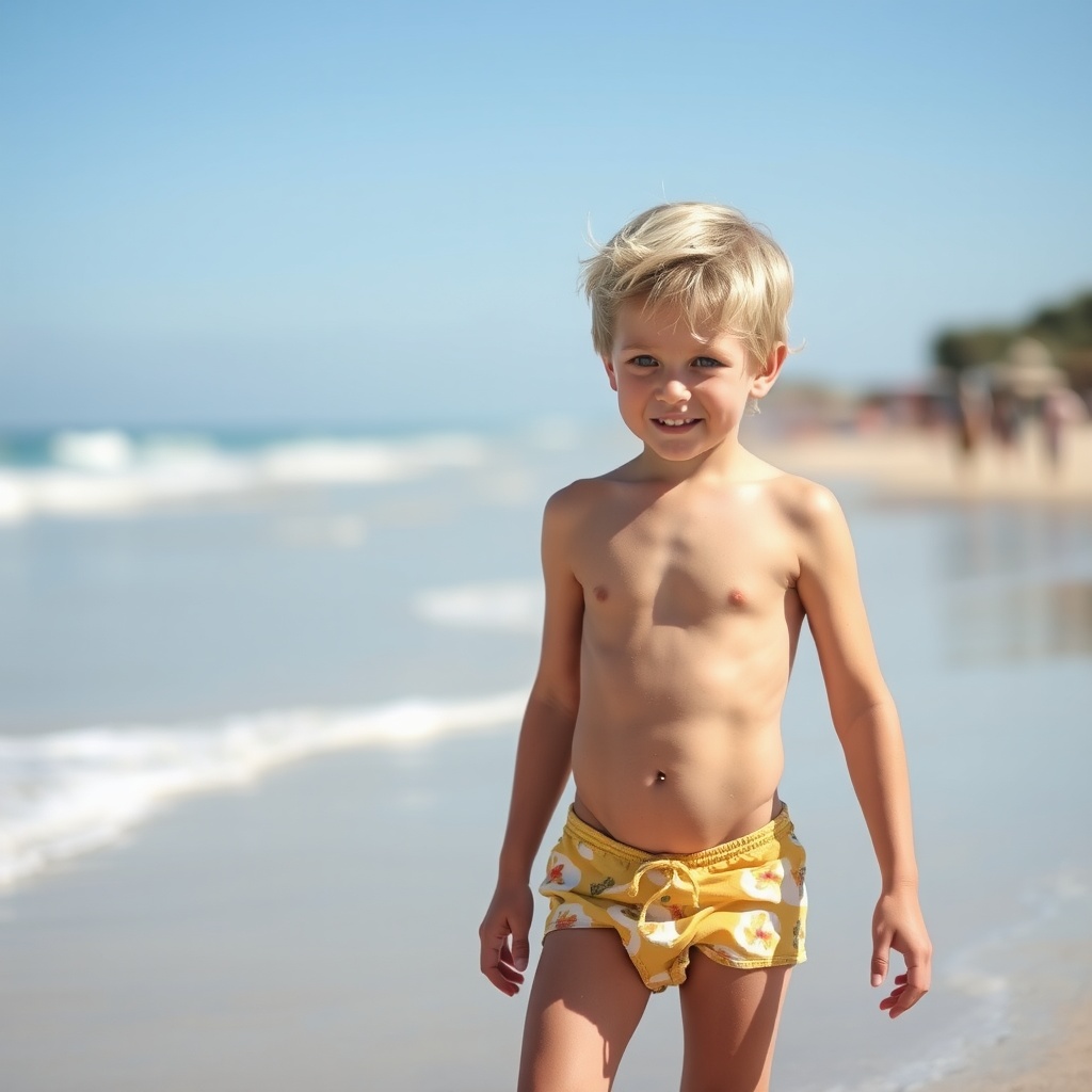 AI generated image by FLUX.1-schnell: garçon de six ans blond en mini tanga de bain sur la plage
