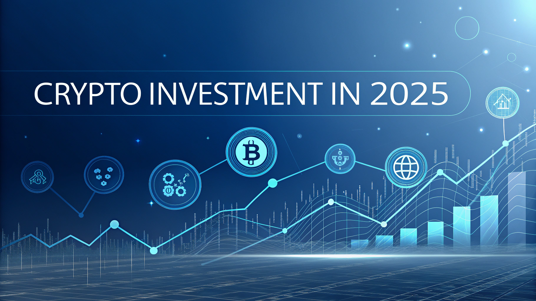 AI generated image by Red Panda AI: Futuristic banner for a blogpost, with finance blue theme colors and background like, financial, investment, BTC , in a financial article style. Title "Crypto Investment in 2025"