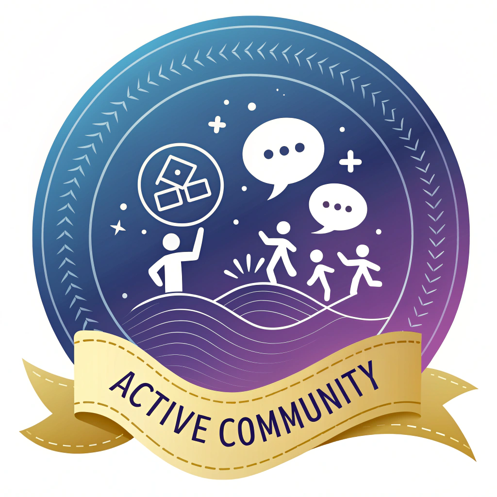 AI generated image by Red Panda AI: The “Active Community” badge is a circular design, with a gradient background in shades of blue and purple, symbolizing connection and dynamism. In the center, there is an icon of overlapping speech bubbles, representing interaction and communication, in bright white to stand out. Around the border is a pattern of small dashed lines evoking waves of communication. At the bottom, a stylized gold-colored ribbon carries the text “Active Community” in modern, legible letters.