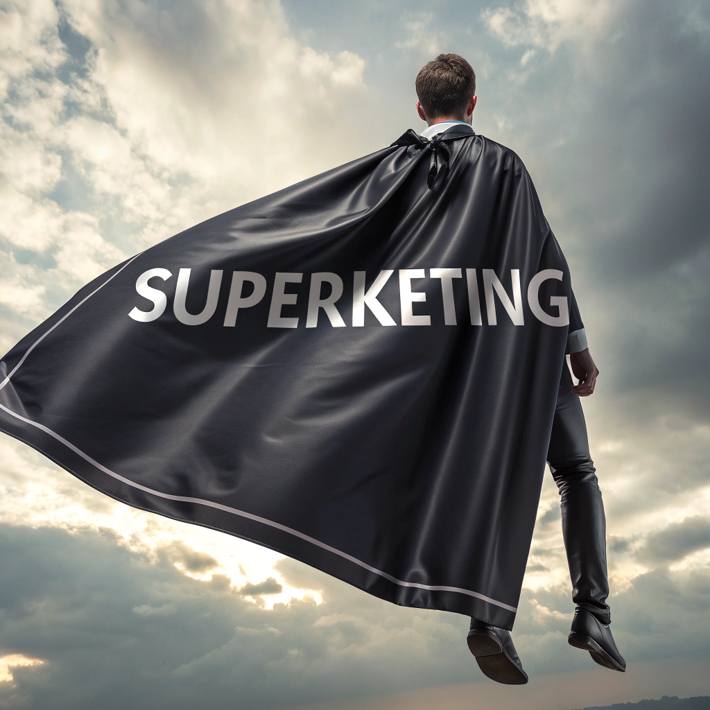 AI generated image by Red Panda AI: una capa de super heroe flotando de colotrr negro con letras blancas que digan superketing