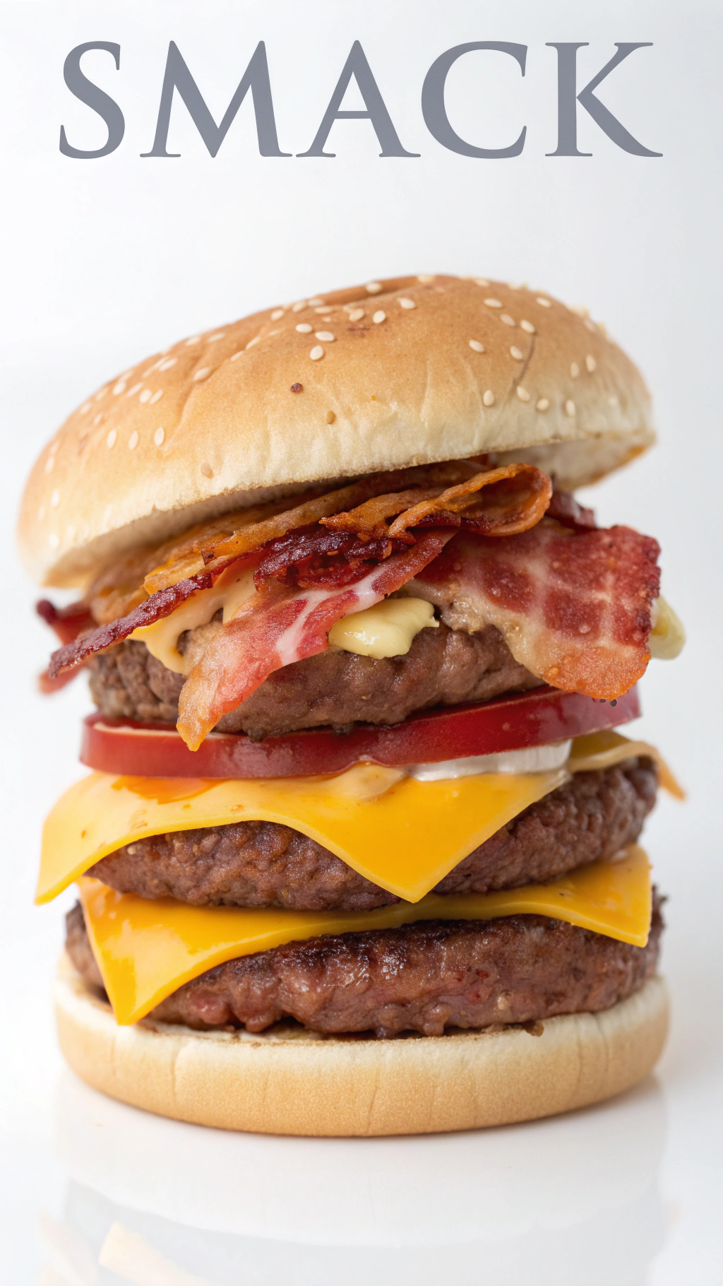 AI generated image by Red Panda AI: Titulo en la parte superiror que diga "smack" con fondo blanco hueso y el armado de la hamburguesa de la siguiente manera: pan arriba tira de bacon feta de chedar carne tira de bacon feta de chedar carne tira de bacon feta de chedar carne kétchup pan abajo