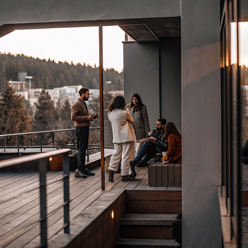 AI generated image by Red Panda AI: Peux tu créer l'image d'une équipe d'une société informatique sur le toit d'un rooftop à Sophia Antipolis entouré de quelques batiments modernes et d'une foret de pins. Il doit y a voir une femme de 25 originaire du Maroc, une jeune homme de 23 ans originaire du Vietnam, un jeune homme de 23 ans métisse et 4 hommes ages de 25 à 50 ans