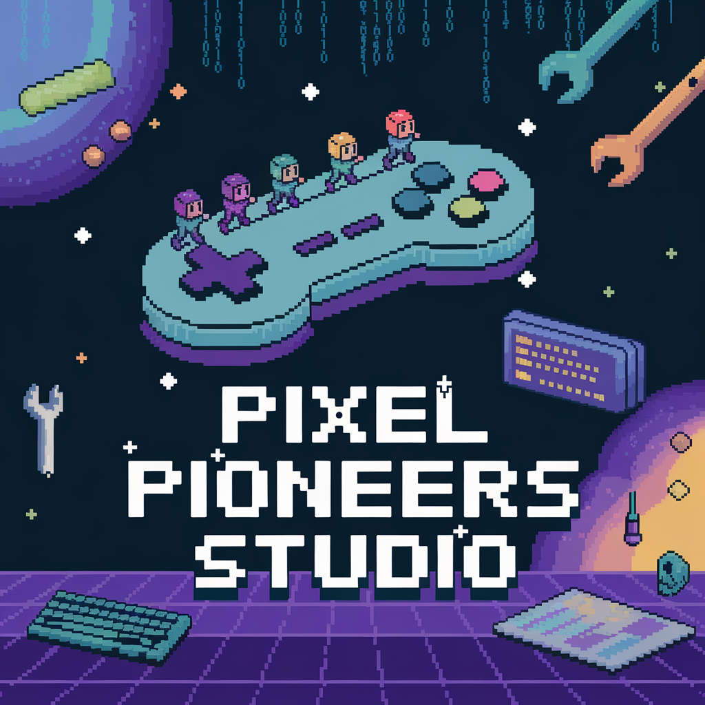 AI generated image by ideogram 2.0: Pixel art logo for a game dev community called 'Pixel Pioneers Studio'. Retro 16-bit style. Central element: a glowing pixelated game controller with tiny pioneers (blocky characters) climbing it like a mountain. Background: digital cosmos with stars, binary code, and floating tools (wrench, keyboard, paintbrush). Vibrant neon colors (cyan, magenta, yellow). Text 'Pixel Pioneers Studio' in chunky pixel font with sparkle effects. Style: nostalgic but futuristic, 90s arcade vibes.