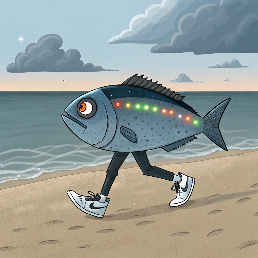 AI generated image by Red Panda AI: Walking fish who has a signal light on body. And have Nike shoes