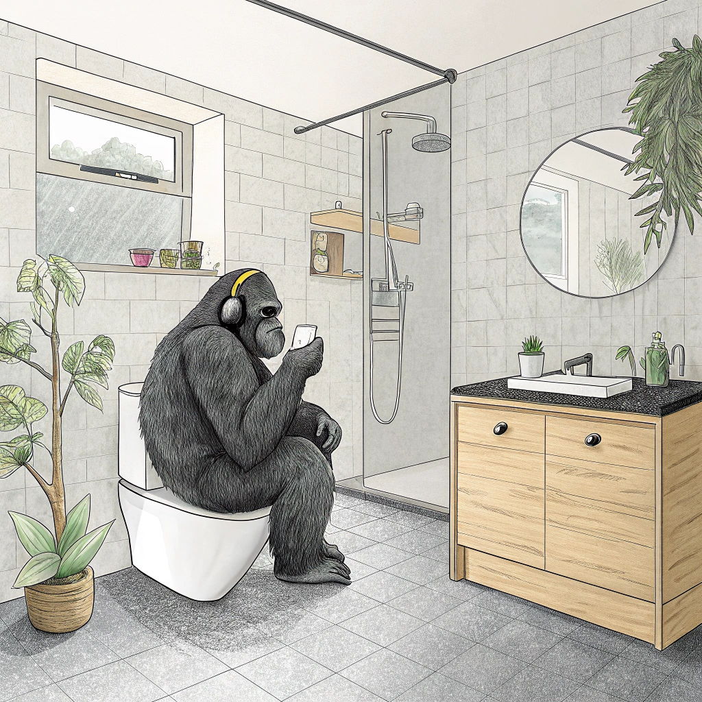 AI generated image by Red Panda AI: A minimalist Drawing charcoal illustration depicts a real silverback gorilla sitting calmly on a sleek white toilet seat In a modern bathroom with a vanity unit in light wood tones and a black countertop sink. The room is made up of a walk-in shower and a window on the right bringing in natural light. The wall is terrazo and the floor tiles are light gray
The gorilla is holding a roll of toilet paper with a grin on its face wearing headphones. Bright lights and soft pastel accents from plants enhance the serene atmosphere. Inspired by the vibrant colors of Paul Gauguin and the flowing lines of Henri Matisse, this piece captures both a playful and elegant mood."