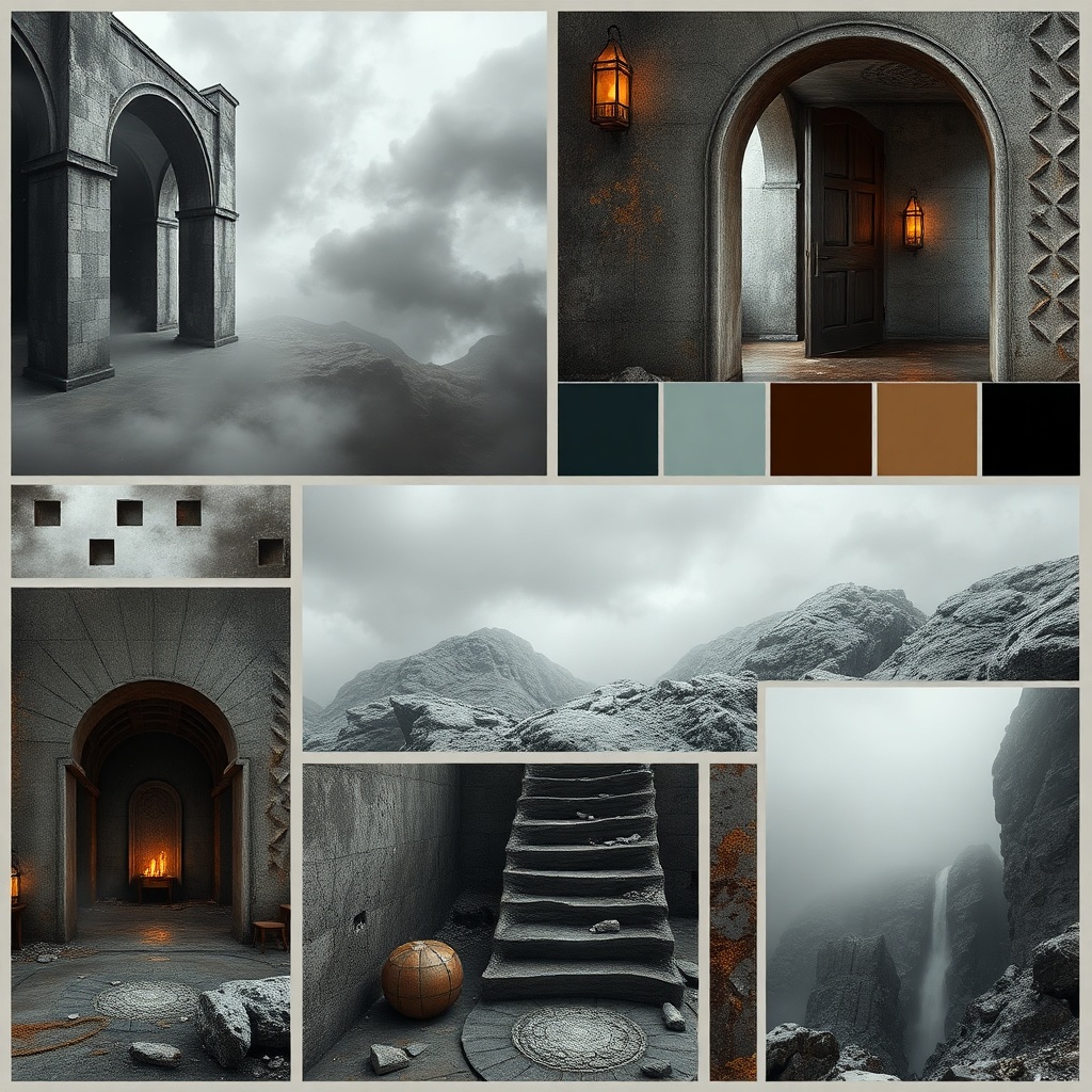 AI generated image by FLUX.1-schnell: Moodboard Purgatory: raccolta visiva cupa e concreta, palette fredda con accenti dorati, mix di architetture geometriche e rovine organiche, texture metalliche e pietra consumata, luci fredde, nebbia sottile, atmosfera tesa e misteriosa, concept art collage, wide aspect ratio fantasy