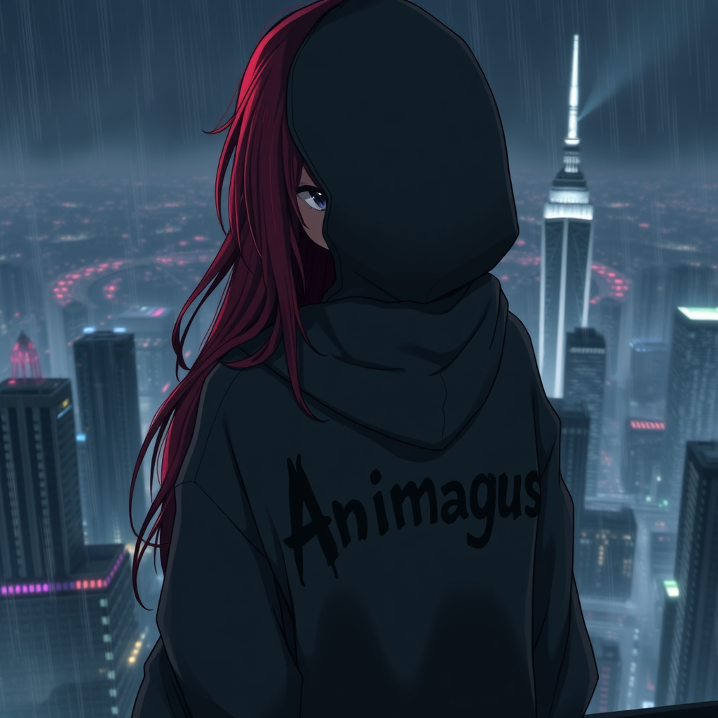 AI generated image by FLUX.1-schnell: A moody anime girl with long, vibrant red hair, partially obscured by the hood of her oversized, dark grey hoodie. The hoodie prominently features a stylized 'Animagus' print in a faded, grunge font across the back. Her eyes, visible beneath the shadow of her hood, convey a deep sense of introspection and melancholy. She stands on a high vantage point overlooking a sprawling, rain-slicked night city, its neon lights blurring into streaks of color against the dark skyscrapers. The atmosphere is gloomy and atmospheric, with a hint of mist rising from the streets below. Art style: gritty and realistic anime with strong shadows and muted colors, subtle light reflections on wet surfaces.