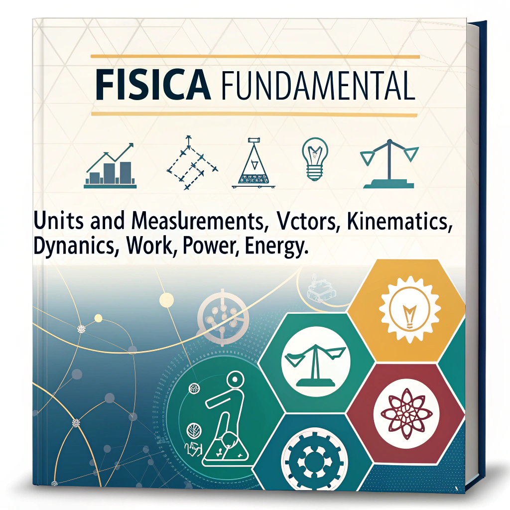 AI generated image by Red Panda AI: Generar una imagen de la portada de FISICA FUNDAMENTAL donde incluya temáticas como unidades y medidas, vectores, cinemática, dinámica y trabajo potencia y energía