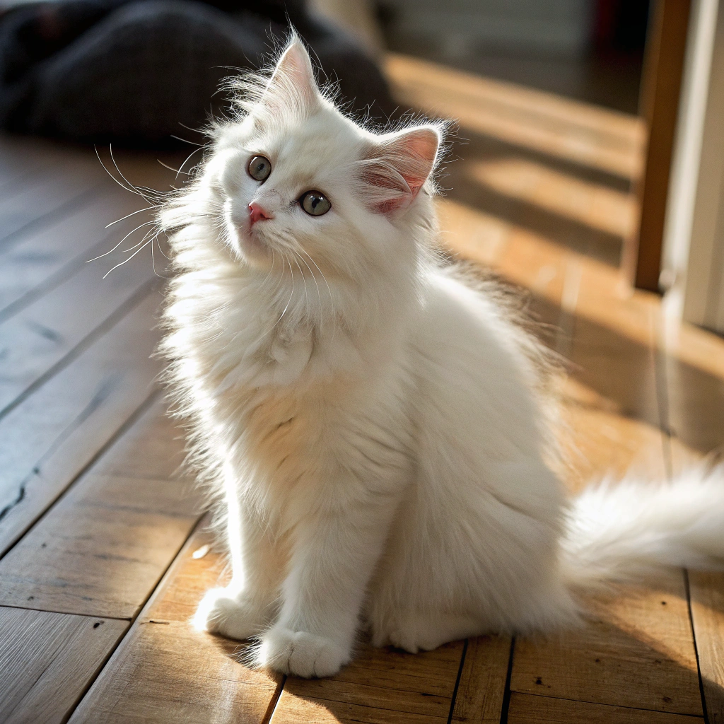 AI generated image by Red Panda AI: Show me a photorealism image of a cute white cat with semi long fur