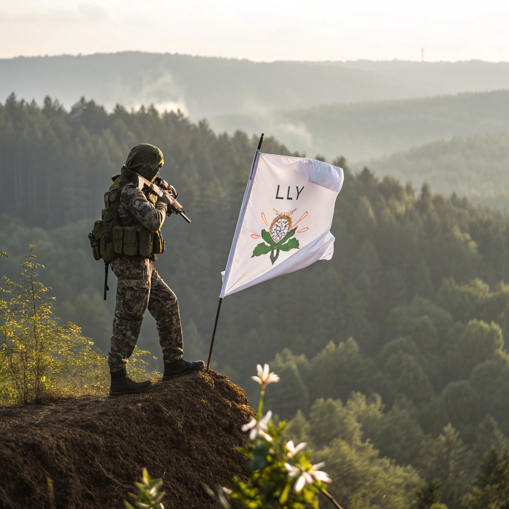 AI generated image by Red Panda AI: Airsoft vojnik sa puškom i zastavom bih bijela zastava sa ljiljanima, stoji na vrhu brda iza njega šuma