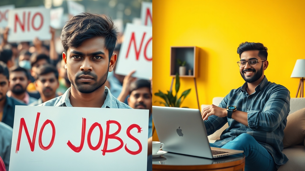 AI generated image by FLUX.1-schnell: A dramatic split-screen image. On the left side: a serious-looking young Indian man in a crowd of protesters, holding a bold sign that says ‘NO JOBS’ in red, surrounded by people with similar signs and tense expressions, captured outdoors in natural daylight. On the right side: a smiling young Indian entrepreneur sitting in a cozy modern room, working confidently on a laptop with a cup of coffee beside him. The room has a soft yellow light giving an inspiring and warm vibe. The entrepreneur wears modern clothes and a smartwatch, looking hopeful and successful."