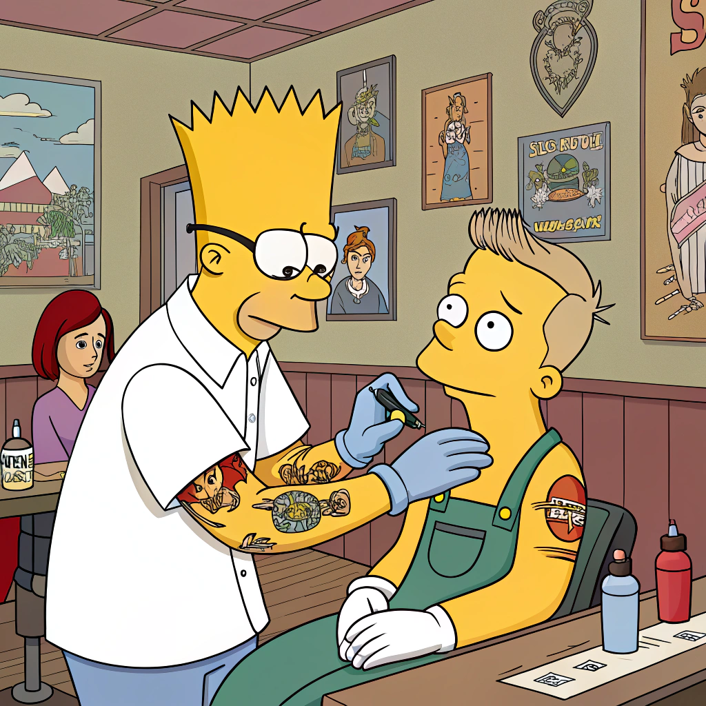 AI generated image by Red Panda AI: an image from a fake simpsons episode in which bart becomes a tattoo artist