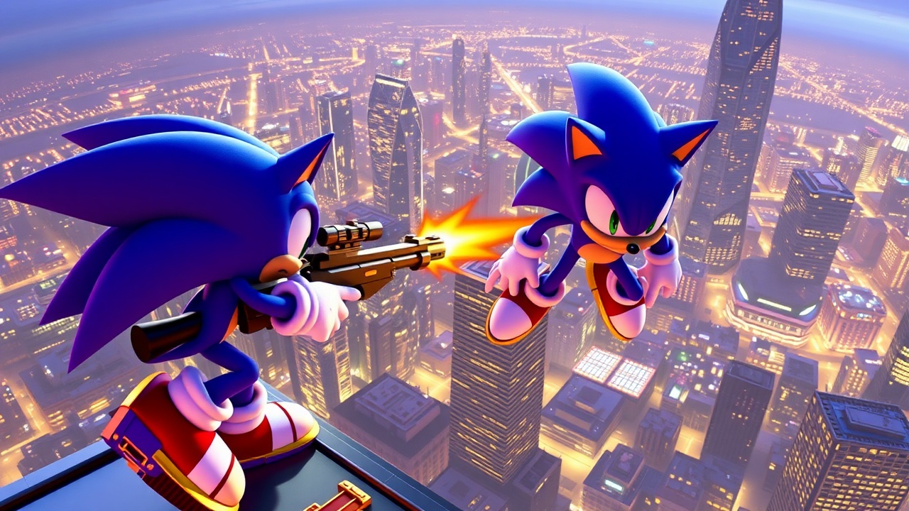 AI generated image by FLUX.1-schnell: Fang the Sniper from Sonic the Hedgehog taking aim at Big the Cat (also from sonic the hedgehog )from the top of a skyscraper
