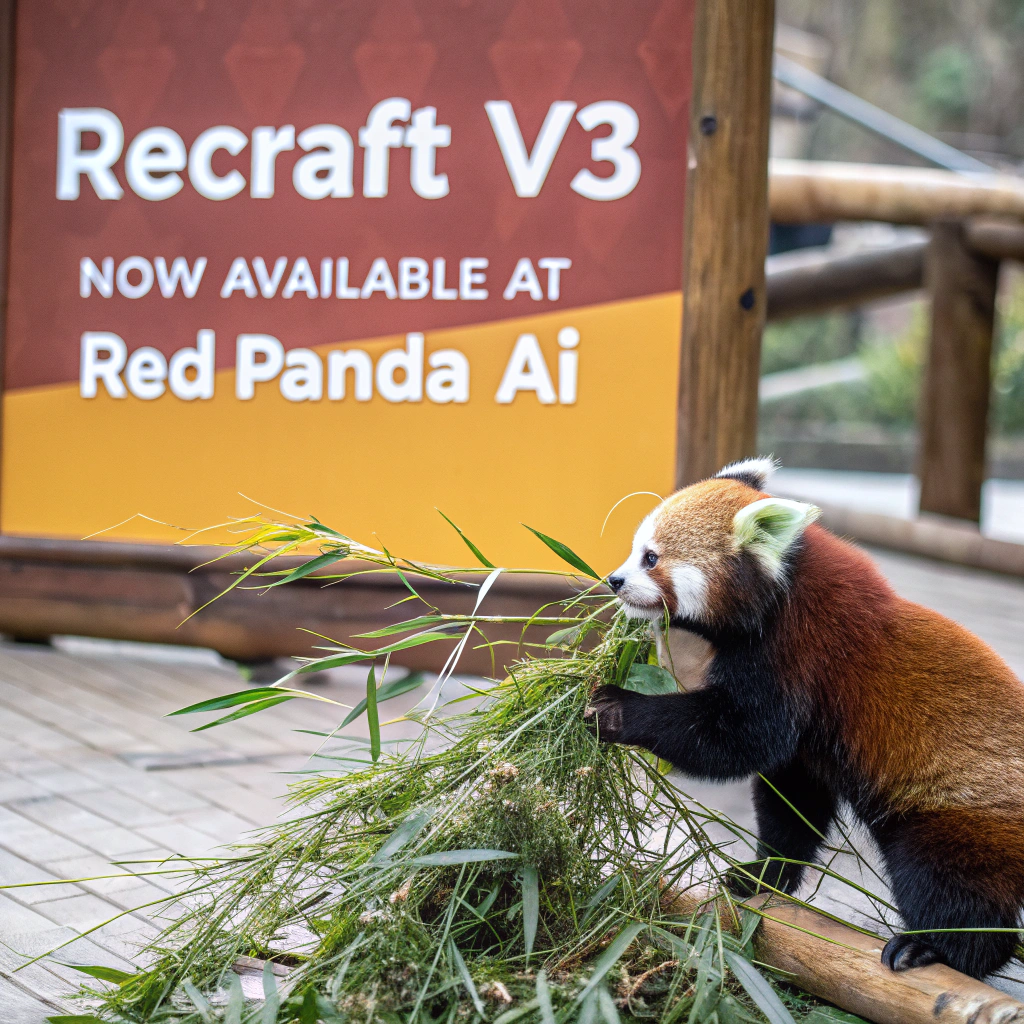 AI generated image by Red Panda AI: a red panda eating a bamboo in front of a poster that says "recraft V3 now available at red panda ai