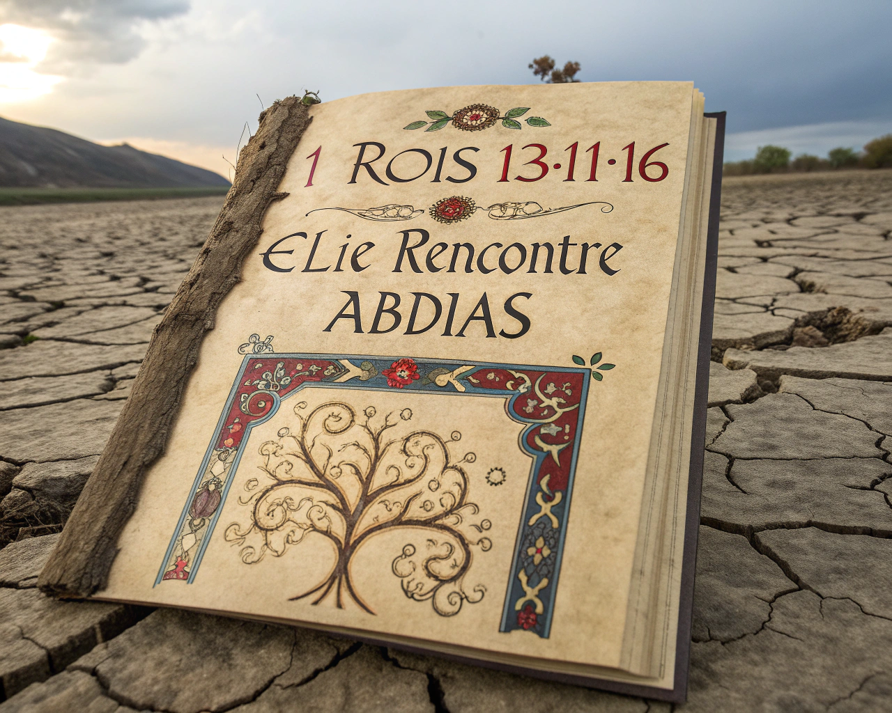 AI generated image by Red Panda AI: "1 Rois 18:1-16 : Élie rencontre Abdias"; Illuminated manuscript style, Gothic Textura Calligraphy ca. 13th century; On aged parchment with rich, dramatic illustrations depicting a barren land under drought, Élie standing courageously before Abdias, and faint rainclouds in the distance; Intricate vine-work marginalia with symbolic elements like corbeaux, une source, and feu to evoke the narrative’s tension and divine intervention; Typography, conceptual art.