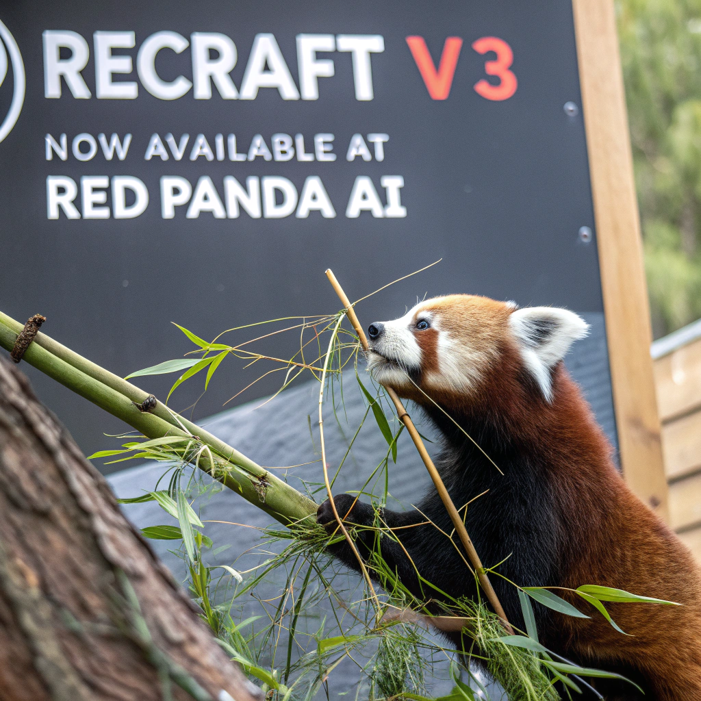 AI generated image by Red Panda AI: a red panda eating a bamboo in front of a poster that says "recraft V3 now available at red panda ai