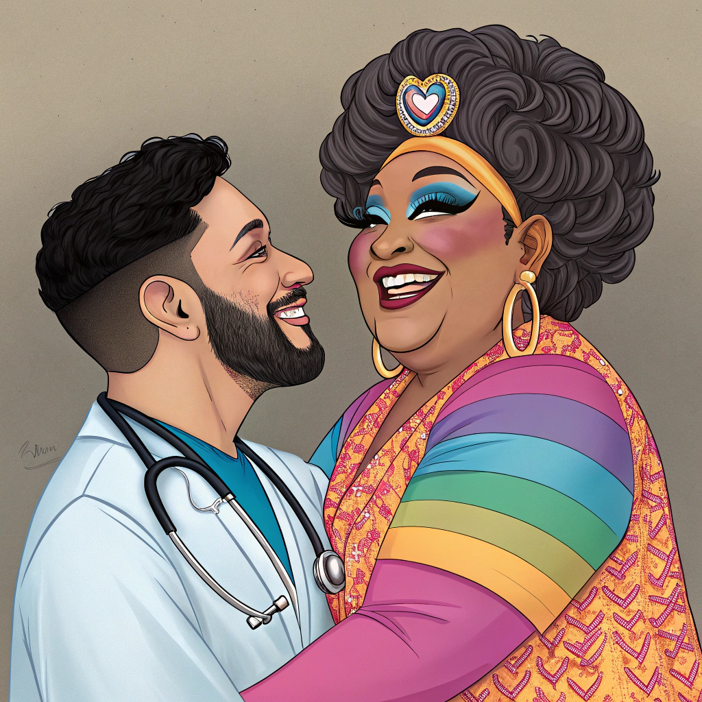 AI generated image by Red Panda AI: draw a 34 year old doctor with short black hair, short and well filled black beard, fat, hugging a smiling drag queen.