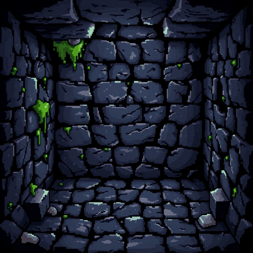 AI generated image by FLUX.1-schnell: "Un sprite en pixel art de 32x32 píxeles representando una baldosa de un dungeon oscuro y misterioso. El diseño es similar al estilo de Pixel Dungeon, con texturas detalladas y una paleta de colores apagados pero con contrastes sutiles. Puede ser una losa de piedra agrietada con musgo creciendo en las esquinas, un suelo de madera gastada o una baldosa con inscripciones arcanas. Se usa dithering y sombreados sutiles para dar profundidad, con detalles que refuercen una atmósfera de exploración y peligro."