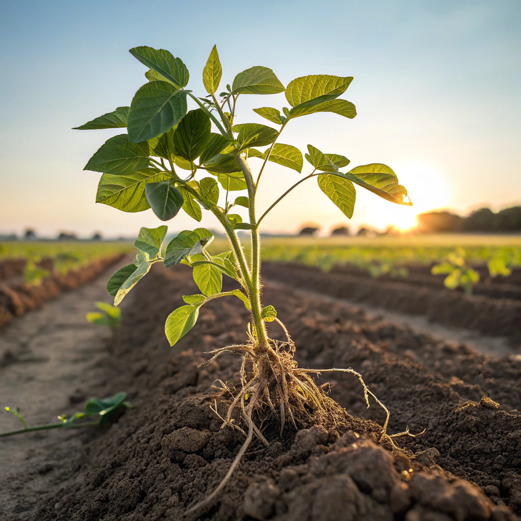 AI generated image by Red Panda AI: Uma imagem realista de uma planta de soja forte e bem nutrida, mostrando suas raízes saudáveis. A imagem também mostra o processo de fotossíntese da planta, iluminação do dia, e ao fundo uma lavoura de soja.