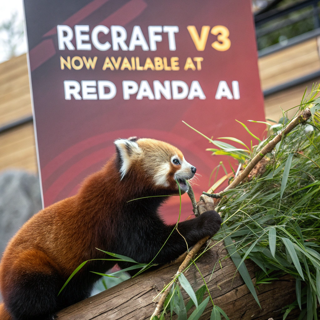 AI generated image by Red Panda AI: a red panda eating a bamboo in front of a poster that says "recraft V3 now available at red panda ai