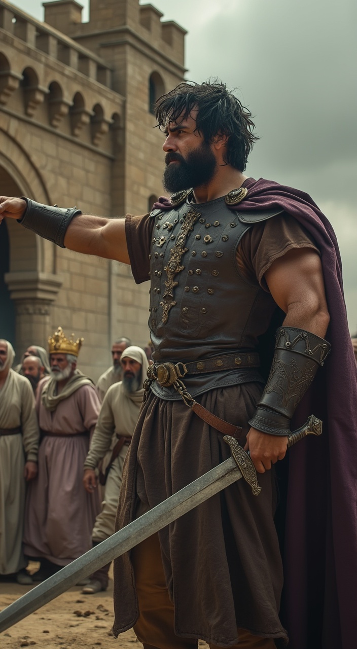 AI generated image by FLUX.1-pro: "Ultra-detailed 8K shot, Jehu, a 35-year-old man, weathered tan skin, messy black hair, trimmed beard, fierce dark eyes, worn leather armor, brown tunic, gleaming drawn sword, standing before a stone palace, pointing at a high window, Jezebel pushed by eunuchs in white tunics, nervous sweaty faces, Jezebel’s purple dress billowing, small golden crown wobbling, dark gray sky, swirling dust in the air, 9th century BC, tense cinematic style with hyper-realistic textures in skin, metal, and stone."