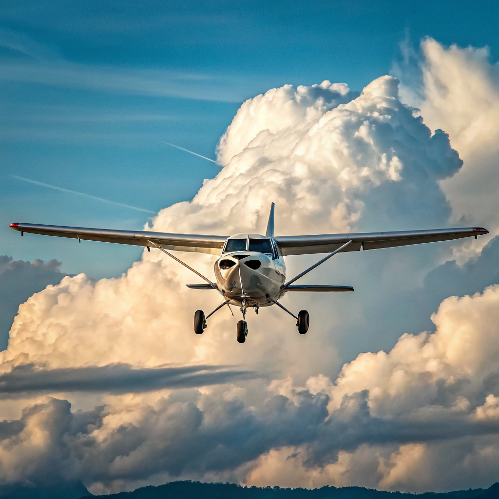 AI generated image by Red Panda AI: una avioneta asesna apor lo cielos con la camara de fente