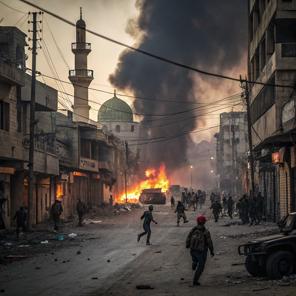 AI generated image by Red Panda AI: Caos palestino lleno de fuegos y detalles de guerra