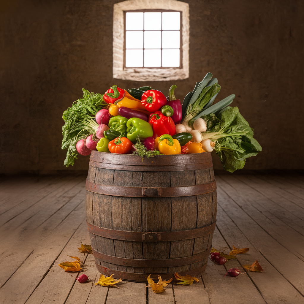 AI generated image by ideogram 2.0: Logo with an antique oak barrel overflowing with a colorful assortment of fresh vegetables. Bright red tomatoes, vibrant green bell peppers and cucumbers and sunny yellow turnip are artfully arranged within the barrel, showcasing their textures and shapes. The barrel sits on a weathered wooden floor in a rustic cellar, illuminated by a single shaft of natural light filtering through a high window, creating a warm and inviting atmosphere. Scattered around the base of the barrel are a few fallen leaves, adding a touch of autumnal charm.