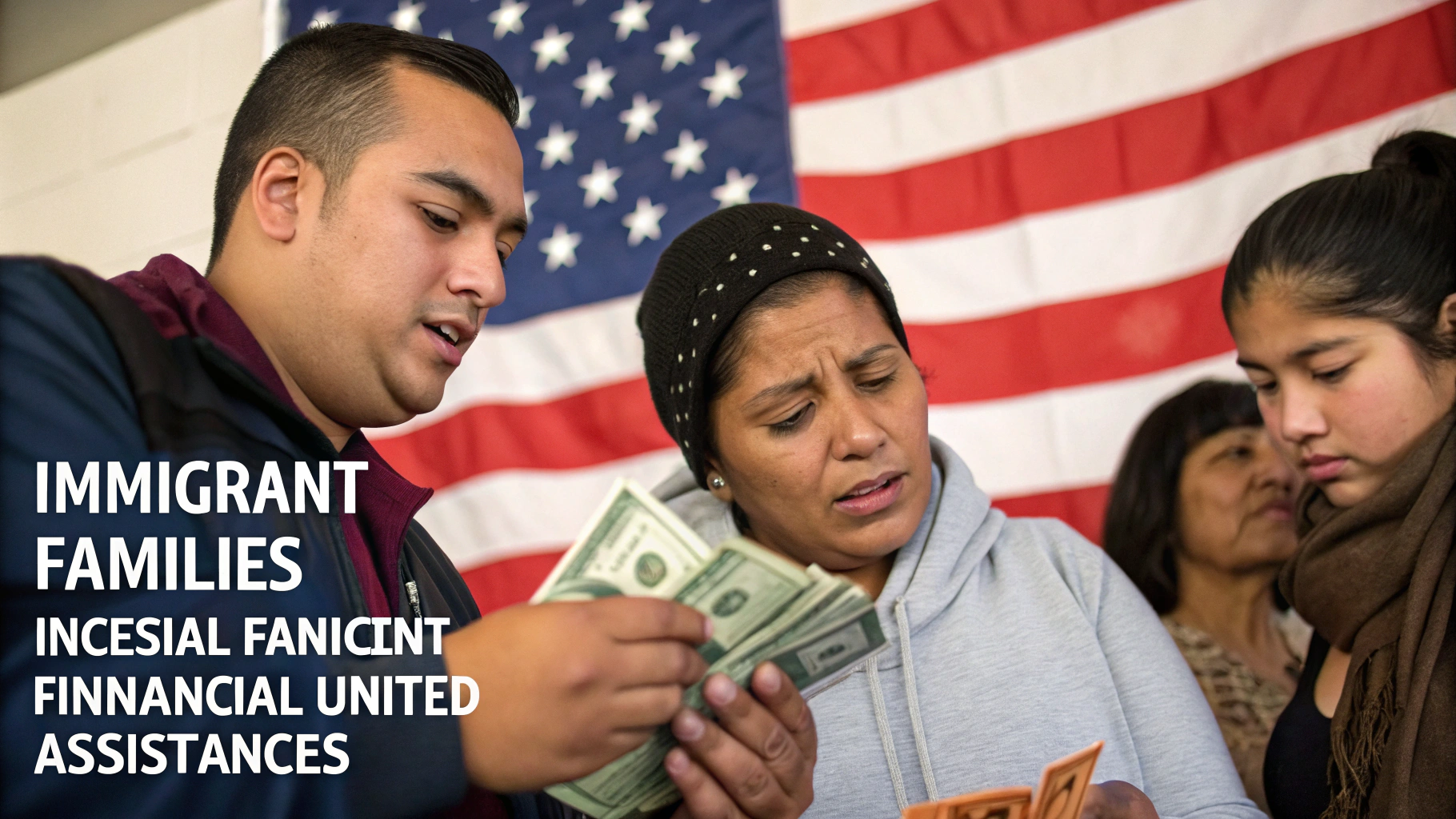 AI generated image by Red Panda AI: Crea una imagen con estilo realista que represente a familias emigrantes recién llegadas a Estados Unidos recibiendo ayudas económicas. La escena debe transmitir enfado por quieran mas de lo que le dan, mostrando personas recibiendo dólares o cheques. En la imagen, incluye familias con diversidad étnica, enojados , mientras la bandera de Estados Unidos aparece de fondo o de manera simbólica. No incluyas texto en la imagen.