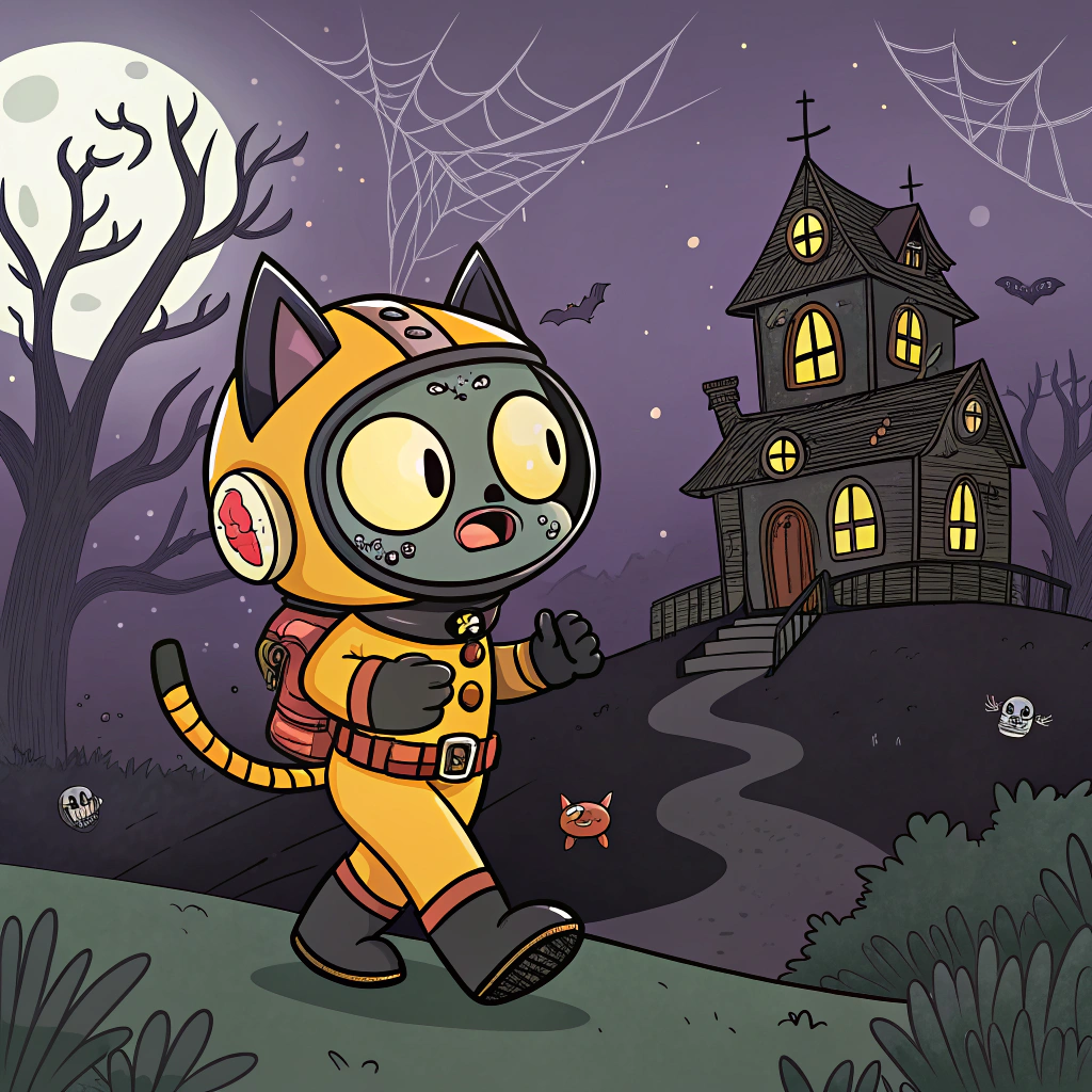 AI generated image by Red Panda AI: quiero que generes una imagen donde allá un escafandra con el personaje neko arc encima en posición de gato asustado con un fondo de casa embrujada, el estilo cómico y terrorifico