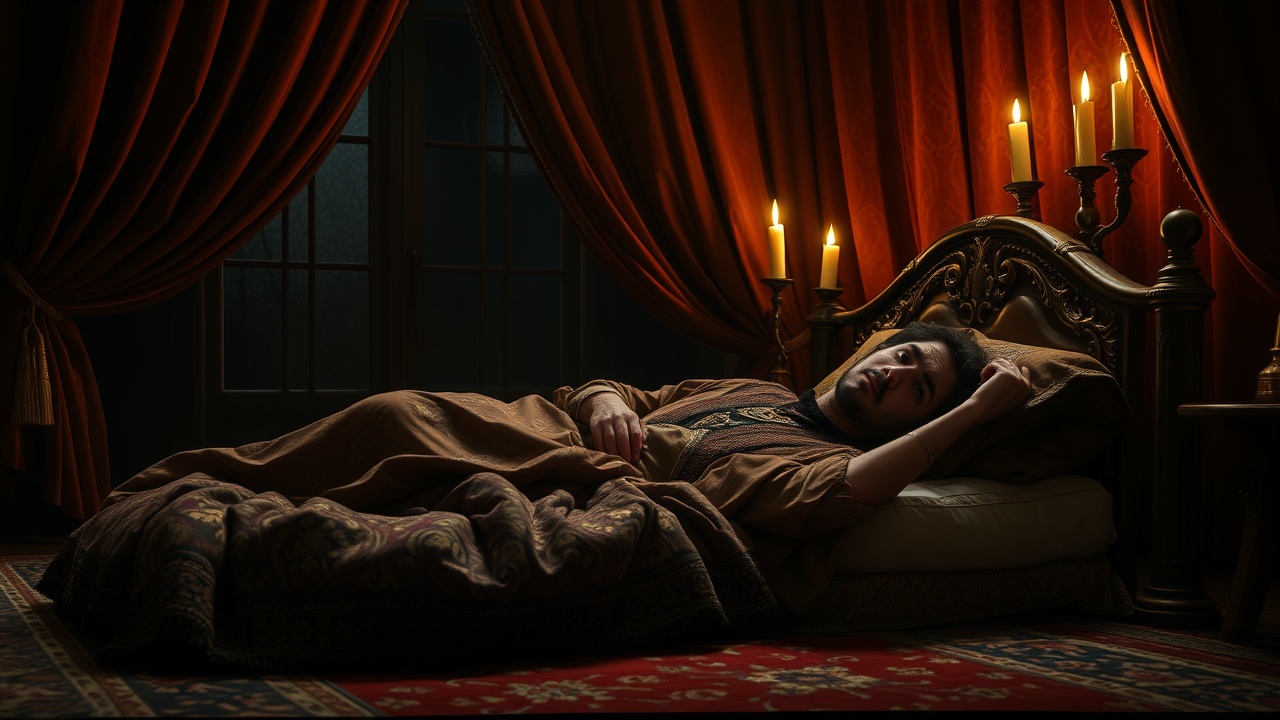 AI generated image by FLUX.1-schnell: In a dimly lit, opulent chamber, Sultan Nur ad-Din Zangi lies on his luxurious bed, his expression tense and restless. His eyes are wide open, filled with a mixture of fear and sorrow, tears glistening in the flickering candlelight. The heavy velvet curtains billow slightly with the cool night breeze. A large, intricate carpet lies beneath, while...