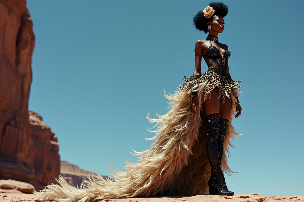 AI generated image by FLUX.1-pro: (Side view:1.5), Looking at camera, Long shot, Wide shot, High quality, photorealistic image of a woman standing alone on a high rock ledge in the Grand Canyon. She is wearing an extravagant couture outfit featuring a bold leopard print and a large feathered skirt with intricate, sparkling details. The bodysuit is a dark translucent material with shimmering accents, creating a powerful and dramatic effect. Her hair is in an elegant updo adorned with flowers. The model stands confidently on the edge of the rock with only the clear blue sky as a backdrop. The photograph is taken at a low angle, as if looking up at her. The image should have the feel of a 35mm film photograph, with realistic photo quality capturing the contrast between high fashion and the majestic simplicity of the sky. Shot from under a high rock, with only the sky in the background. 35mm film