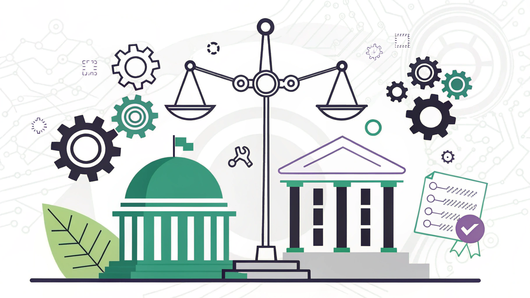 AI generated image by Red Panda AI: A modern illustration of a generic government building, a scale of justice, gears, and a data representation icon. There are black lines of electronic circuits connecting to stylized nodes in the background. The design includes abstract and geometric shapes. The background is a white-toned backdrop with subtle electronic circuit patterns. The objects are centered and slightly overlapping. The color palette is purple, green, and white with black and gray accents. Lighting highlights the elements and shapes, adding depth and contrast.