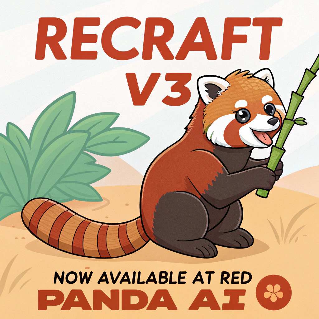 AI generated image by Red Panda AI: a red panda eating a bamboo in front of a poster that says "recraft V3 now available at red panda ai