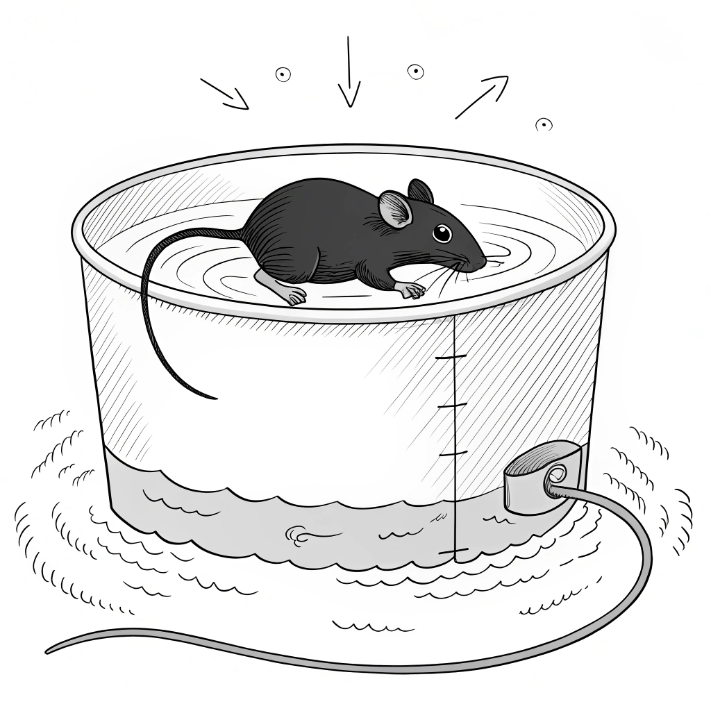 AI generated image by Red Panda AI: A simple diagram, suitable for use in scientific literature, experimental descriptions, showing a black mouse floating on the surface of water in a cylindrical bucket. The mouse should be located on the surface of the water, perhaps in a natural floating position. The bucket can be represented by simple lines, and there can be faint ripples on the surface of the water to show the flow of the water. The image can be presented in a black and white line style, highlighting the position of the mouse on the water, and the background should be kept simple to keep it clear and easy to understand.