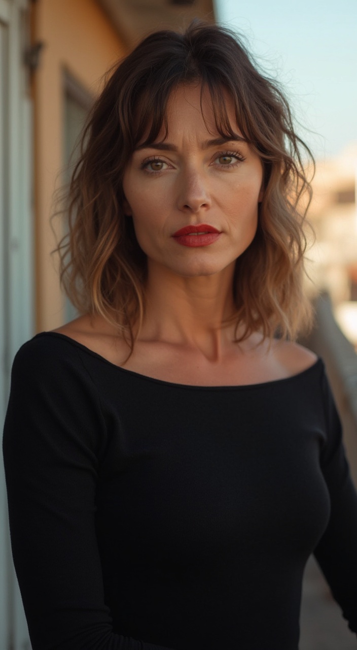 AI generated image by FLUX-Realism-Lora: high resolution 12k scene dynamic motion, realistic, cinematic Professional photograph from a Nikon Z6 III Mirrorless Camera with Nikon NIKKOR Z 24-120mm of a woman who is in her late 40s Her facial features include a slightly rounded face shape, expressive eyes with a hint of brown, a straight nose, and a serious face expression .She has shoulder-length, wavy, light brown hair with a fringe. Her skin tone is tanned. She has subtle wrinkles on her forehead and around her eyes, consistent with her age, and visible neck lines. Clothing She is wearing a Cotton black tight dress she has large breast size and red lipstick on her lips She is posing on a balcony she has eyeliner on and foundation on her natural lighting that softly illuminates the woman's face and body. The lighting is even and diffused, without harsh shadows, casting a warm tone on the subject. The background is a pale, neutral tone, which helps draw attention to the woman. The soft lighting and subtle background contribute to a calm and intimate atmosphere