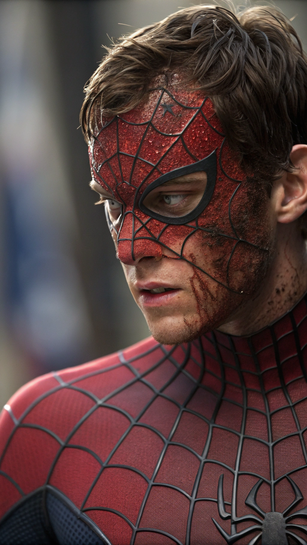 AI generated image by Red Panda AI: create an image of spiderman, focused on his face, with half of the mask burned showing 30% of the face dom peter parker