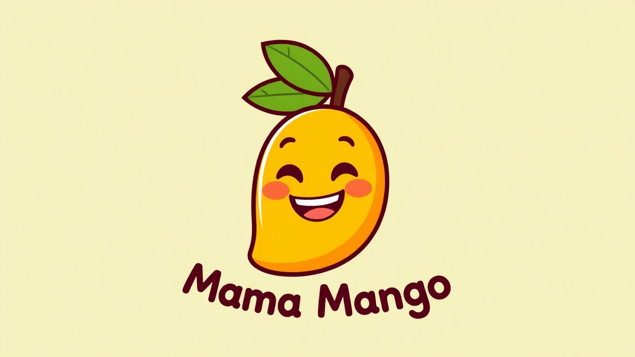 AI generated image by FLUX.1-schnell: vibrant and playful logo for youyube channel 'Mama Mango' featuring a friendly,cartoon-style mango character with big smile warm eyes
