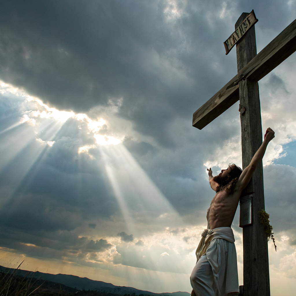 AI generated image by Red Panda AI: Jesus slowly lifting his eyes toward the sky while on the cross, light breaking through clouds above, symbolic connection to heaven, + base