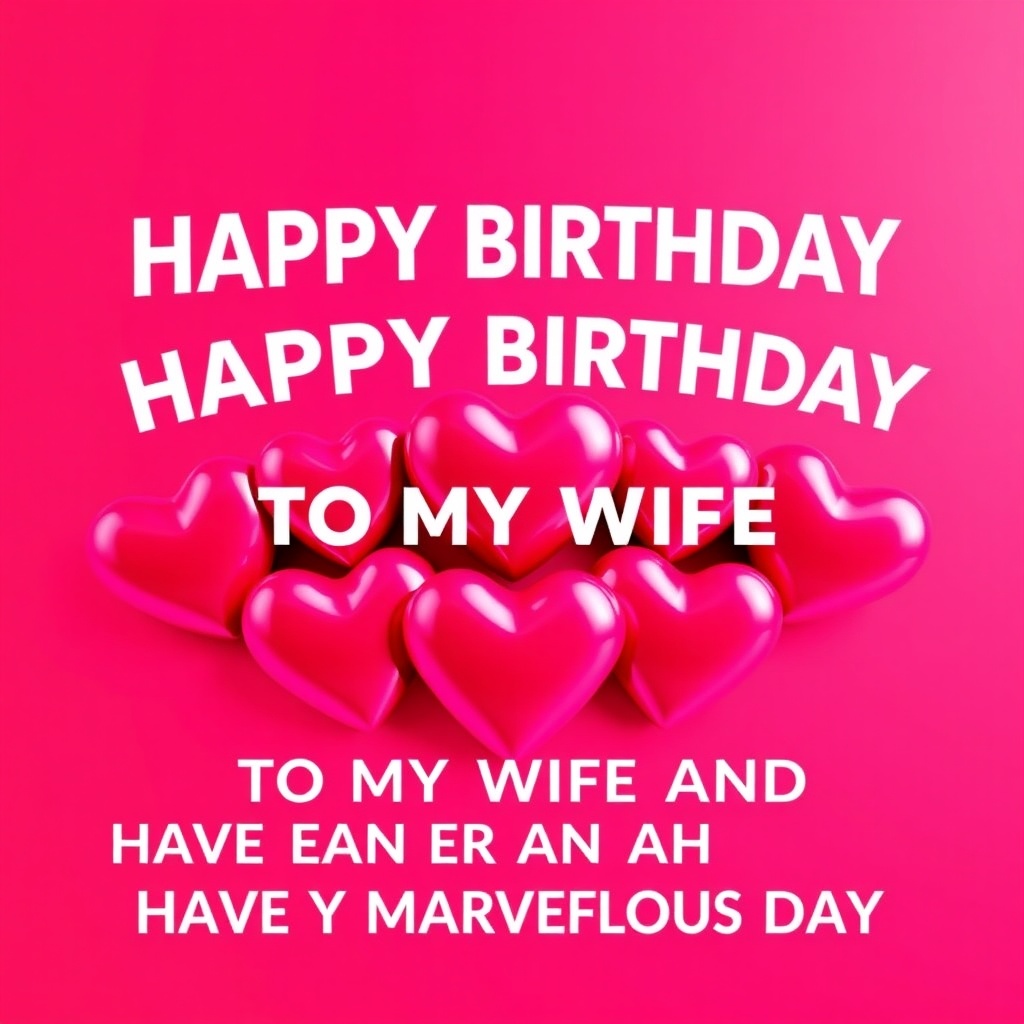 AI generated image by FLUX.1-schnell: This image is a digital graphic with a vibrant, gradient background transitioning from deep red at the top to a lighter pink at the bottom. Centered are seven glossy, 3D hearts in various shades of pink, arranged in a semi-circle. Above them, the words "HAPPY BIRTHDAY" are prominently displayed in bold, white, capital letters. Below, the text "TO MY WIFE AND HAVE A MARVELOUS DAY" is also in white, capital letters. The overall style is modern and celebratory, with a shiny, almost plastic-like texture on the hearts, emphasizing a cheerful and romantic tone.