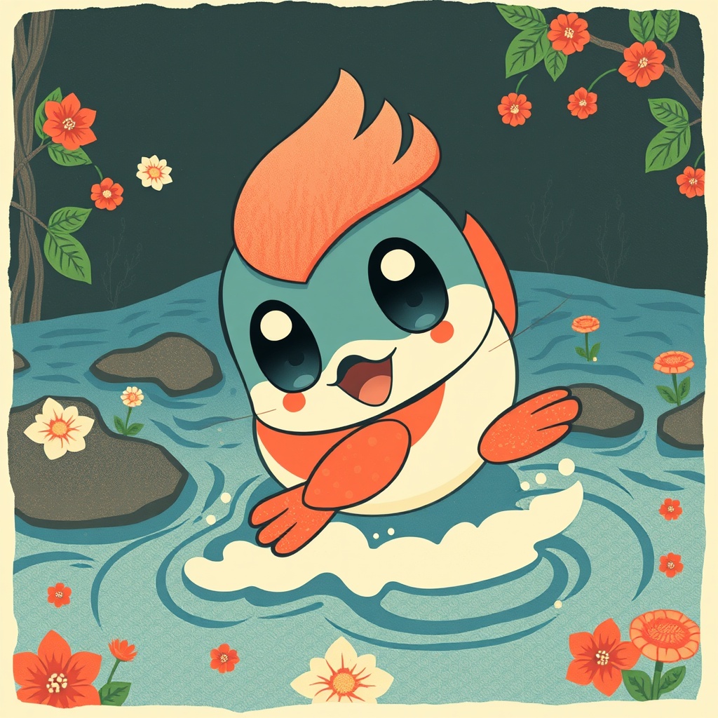 AI generated image by FLUX.1-schnell: Generate a delightful scene featuring a whimsical Smew with large, expressive eyes as the focal point, joyfully swimming through a decorated river, in a colorful woodblock print style.