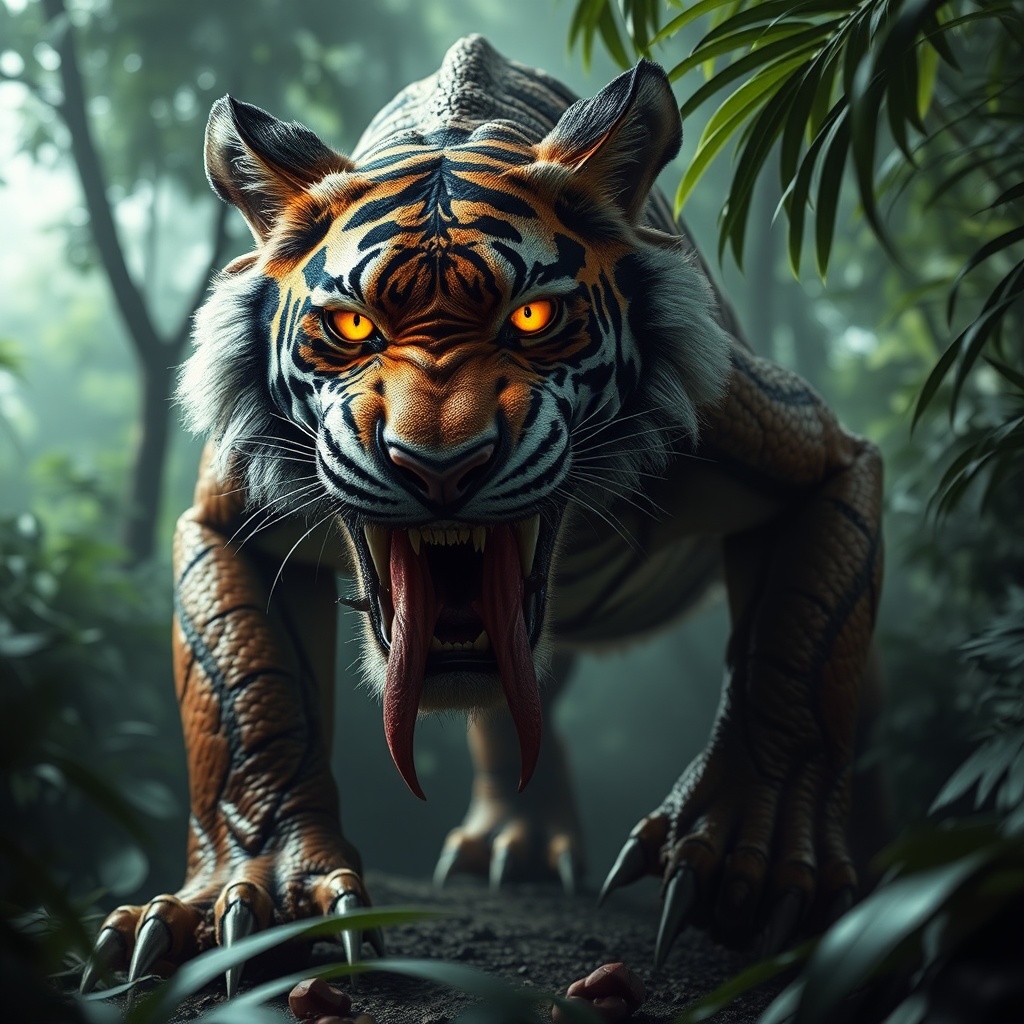 AI generated image by FLUX.1-schnell: "A fearsome tiger fused with a Komodo dragon, scaly hide, long forked tongue, venomous bite, razor-sharp claws, prowling in a dense jungle, glowing yellow eyes, extremely detailed, ultra-realistic, intense atmosphere, highly cinematic"