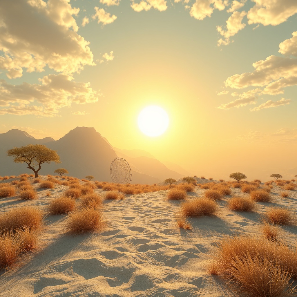 AI generated image by FLUX.1-schnell: So, this is not just a 3D landscape, but a real portal to possibilities! In this landscape, in the Butter Cream sky, in the center of the picture, there is a bright Sun. The central, blazing sun dominated the sky, washing the virtual world with Wabi-Sabi light. Woven into this incredible landscape is a miraculous program that forms reality! It is imprinted on our brains, like a tattoo with superpowers! And here the magic begins! The brain begins to vibrate in unison with the Universe, attracting to itself everything that we so passionately desire! This program gives you incredible power and the right to rule.