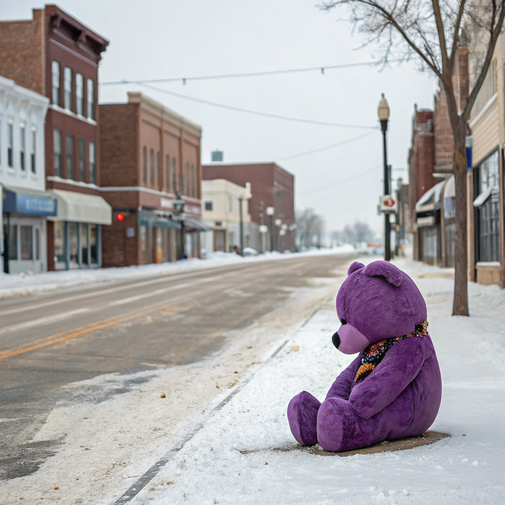 AI generated image by Red Panda AI: purple bear shivering in the freezing cold outside on a downtown street in Blair, nebraska