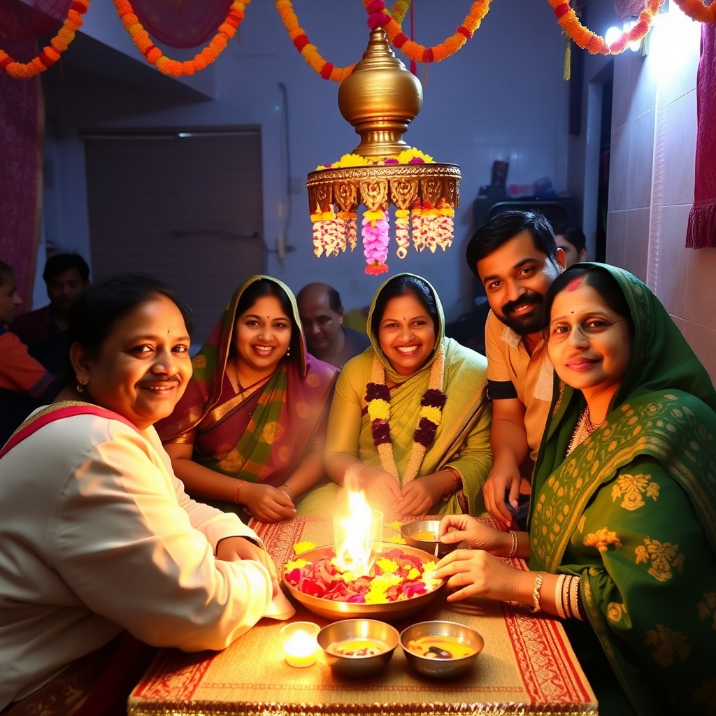 AI generated image by FLUX.1-schnell: family celebrating chath pooja(festival from bihar,india) with its family and relatives happily