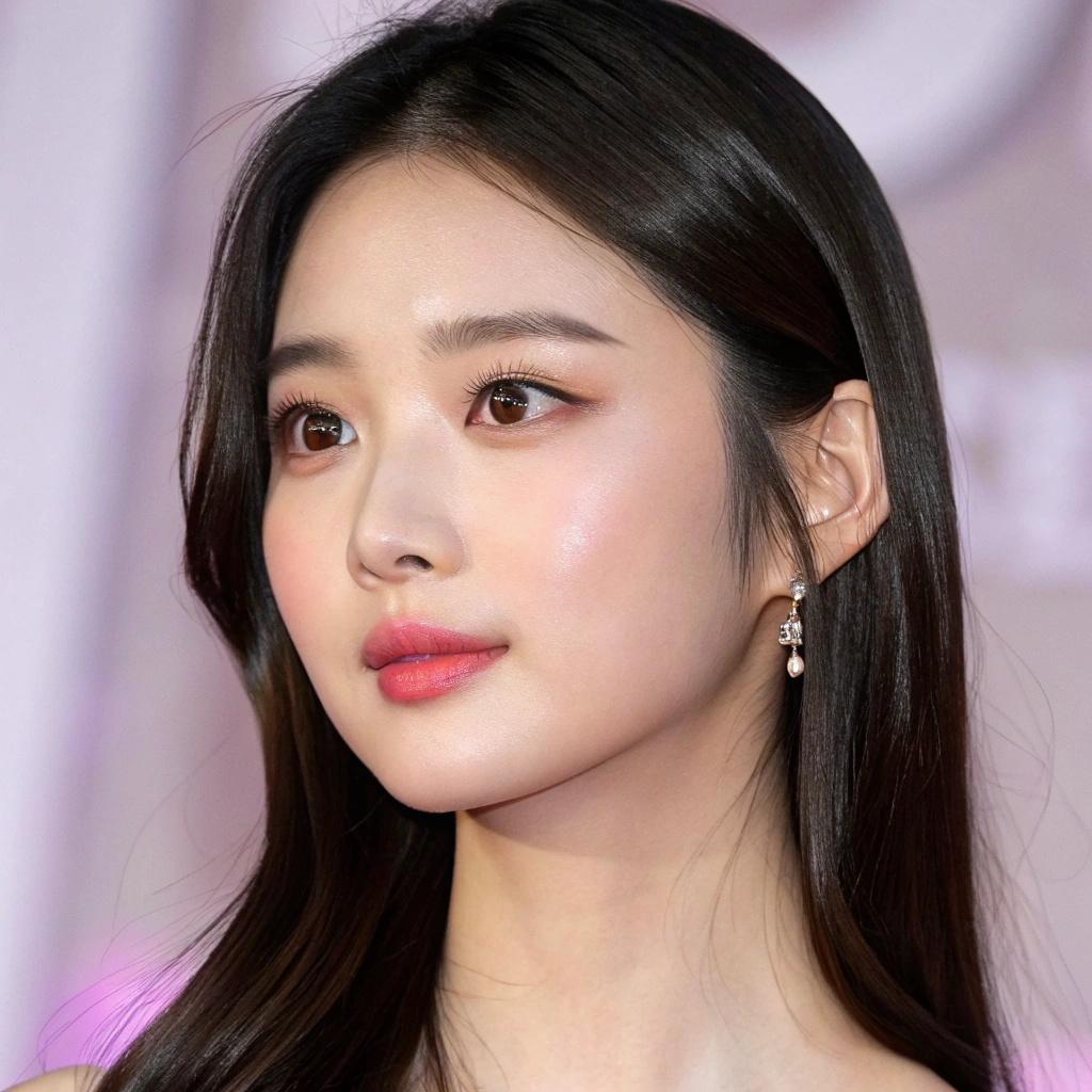AI generated image by Red Panda AI: Retrato ultra realista de una actriz asiática joven y guapa, estilo K-pop o drama coreano/chino. Enfoque CLOSE-UP solo del rostro (desde los hombros hacia arriba), piel suave y luminosa, ojos grandes y expresivos, labios rosados naturales, cabello liso y sedoso (negro o castaño oscuro), maquillaje ligero pero elegante (tonos nude o rosados). Iluminación suave y difusa, fondo borroso en tonos pastel (rosa claro, beige o lavanda) para destacar el rostro. Estilo similar a fotos de perfil de influencers o páginas de fans, con aire misterioso y sofisticado. Calidad 4K, detalles hiperrealistas
