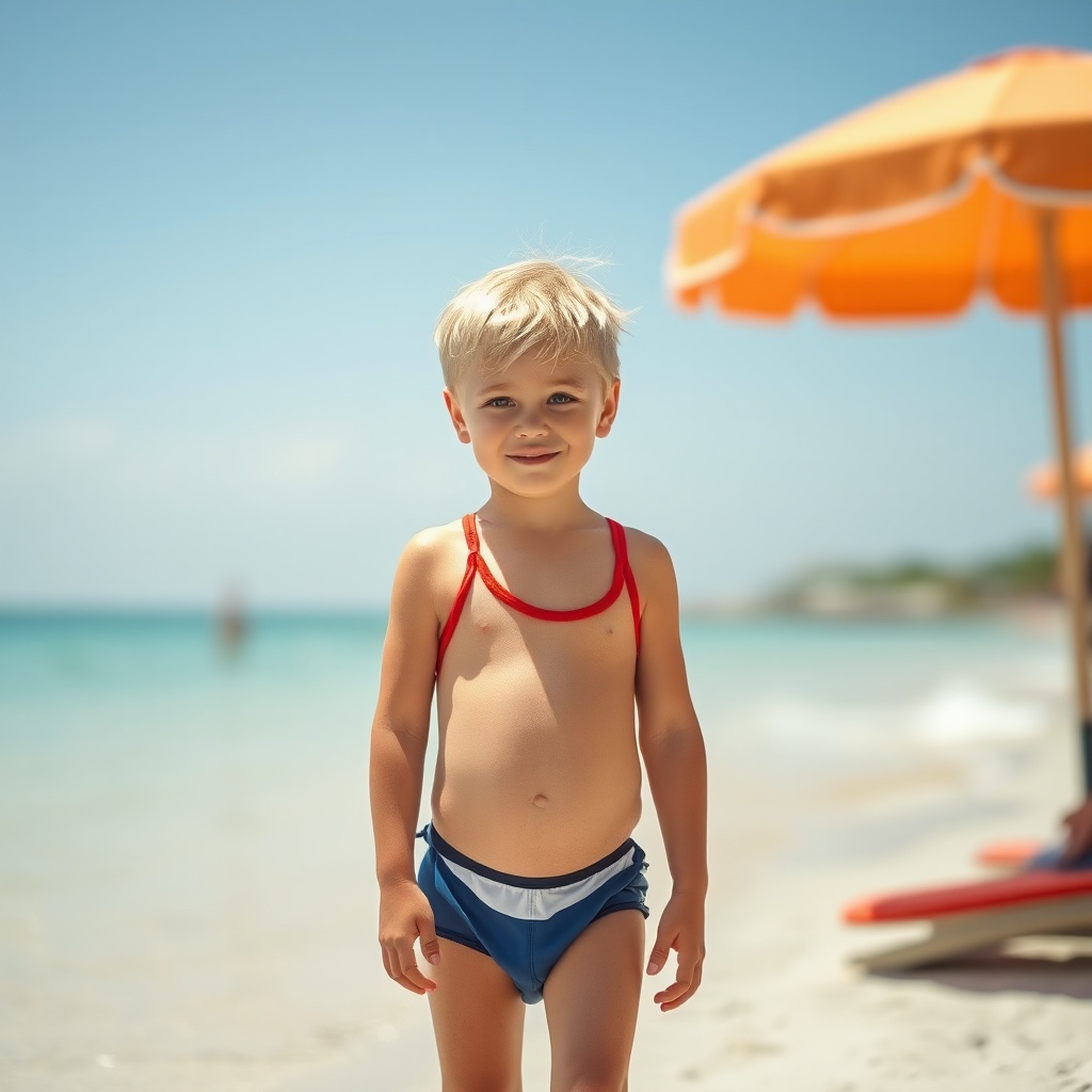 AI generated image by FLUX.1-schnell: garçon de six ans blond en mini maillot de bain sur la plage