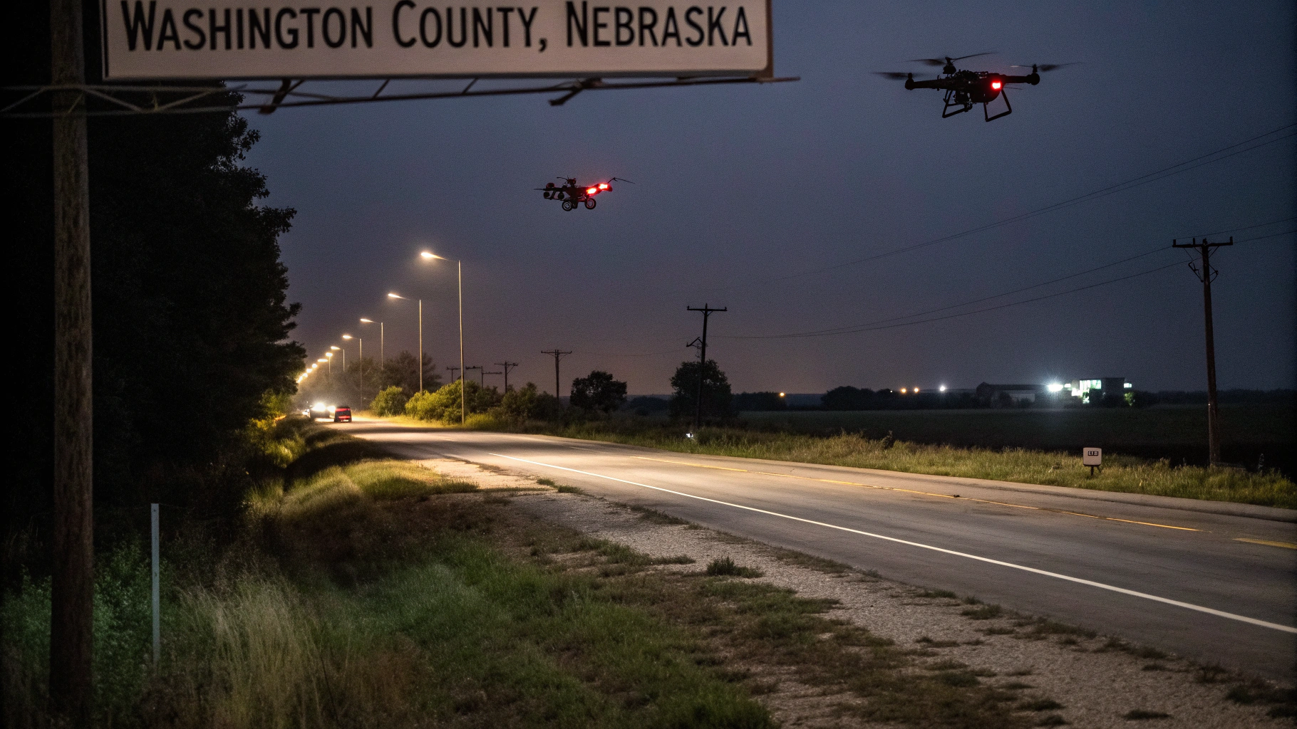 AI generated image by Red Panda AI: drones flying over a dark rural highway. A sign says "Washington County, Nebraska". The scene is dark, eerie and the drones are dystopian and scary