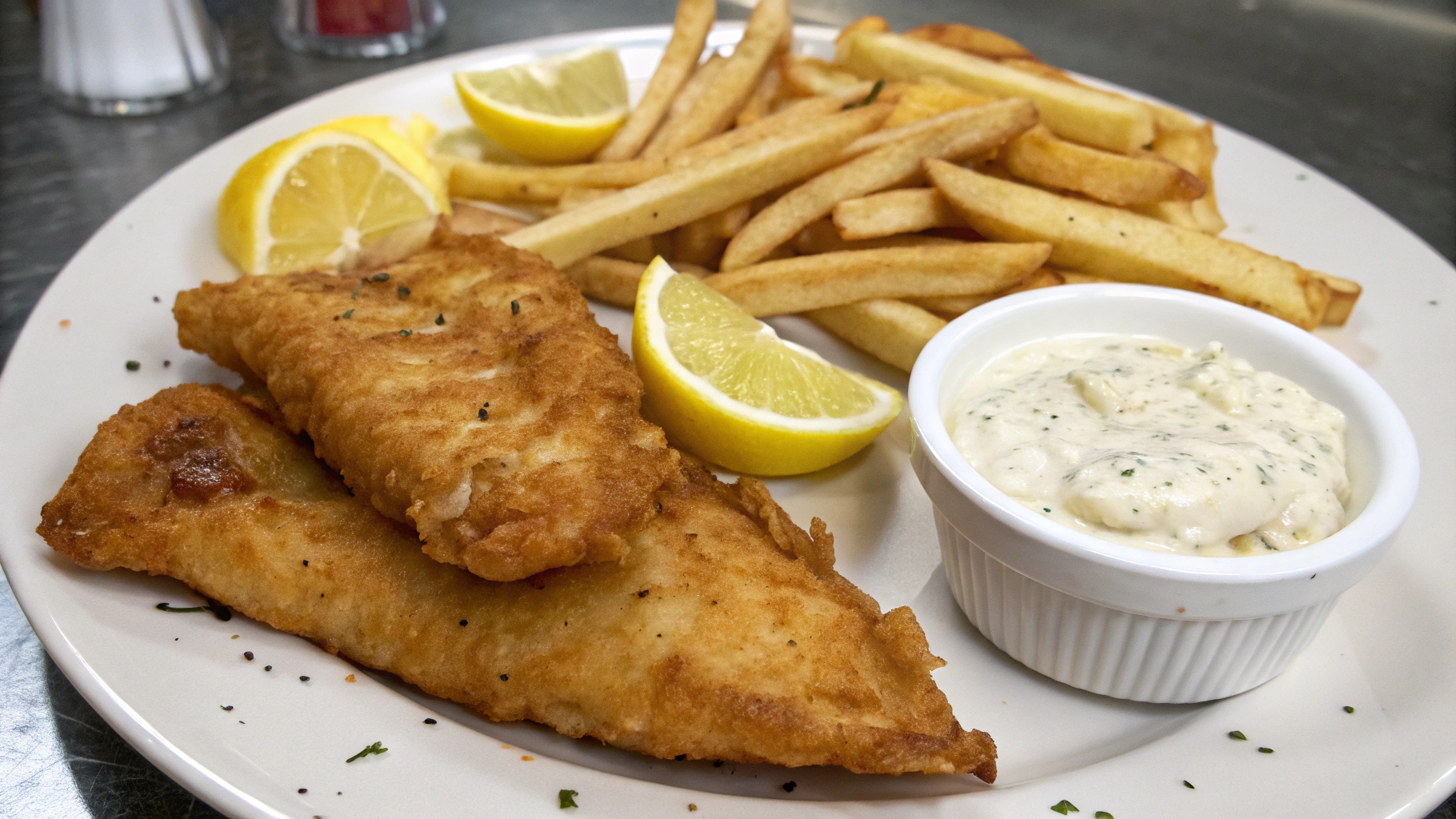 AI generated image by Red Panda AI: two pieces of fried fish, french fries, two lemon wedges, and a small cup of tarter sauce on a plate